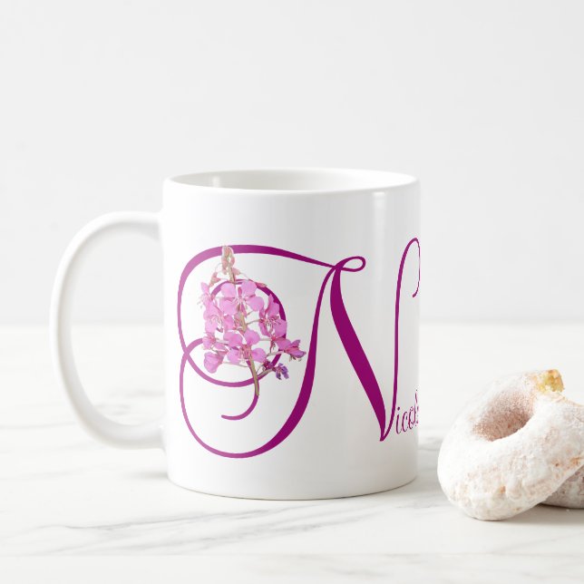 Customizable name Nicole pink floral monogram  Coffee Mug (With Donut)