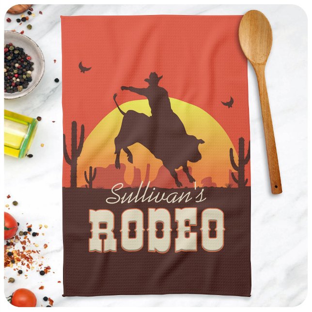 Customizable NAME Western Cowboy Bull Rider Rodeo Tea Towel (Creator Uploaded)