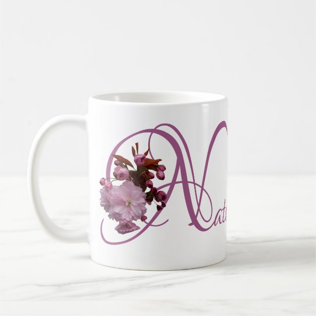 Customizable Natalie name pink cherry blossom boho Coffee Mug (Left)