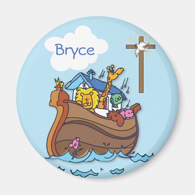 Customizable Noah’s Ark Baby Baptism, Boy Blue Magnet (Front)