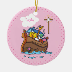 Customizable Noah’s Ark Baby Baptism, Girl Pink Ceramic Tree Decoration