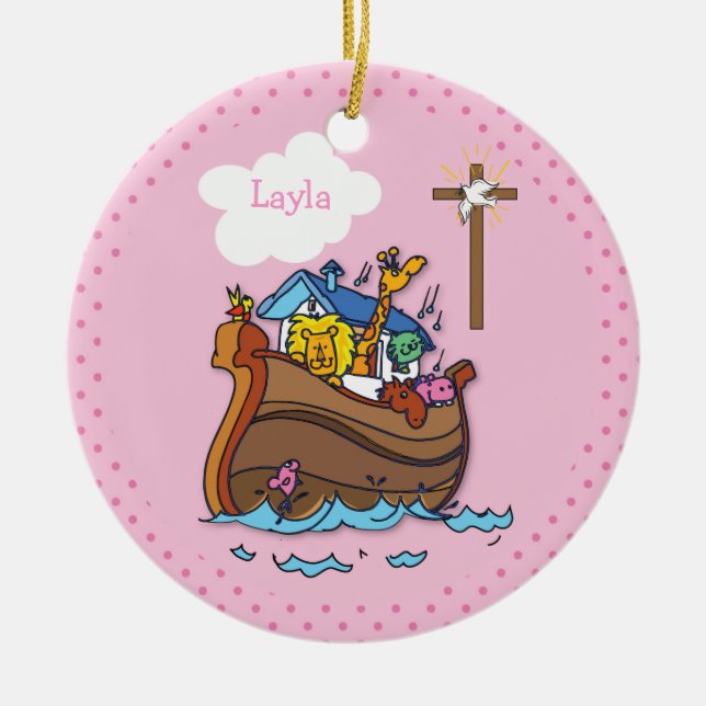 Customizable Noah’s Ark Baby Baptism, Girl Pink Ceramic Tree Decoration (Front)