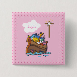 Customizable Noah’s Ark Baptism, Girl Pink 15 Cm Square Badge