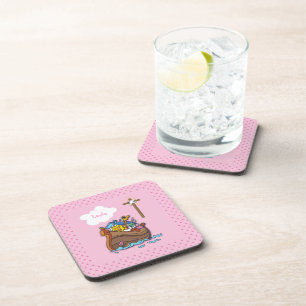 Customizable Noah’s Ark Baptism, Girl Pink Coaster
