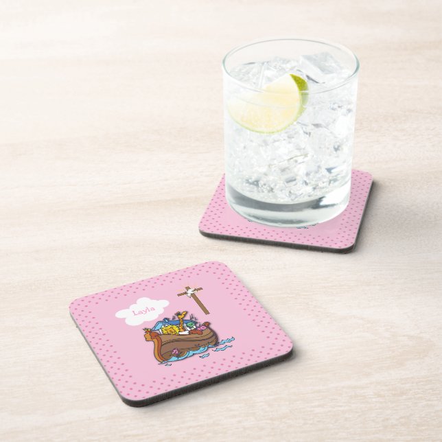 Customizable Noah’s Ark Baptism, Girl Pink Coaster (Right Side)