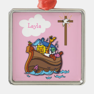 Customizable Noah’s Ark Baptism, Girl Pink Metal Tree Decoration