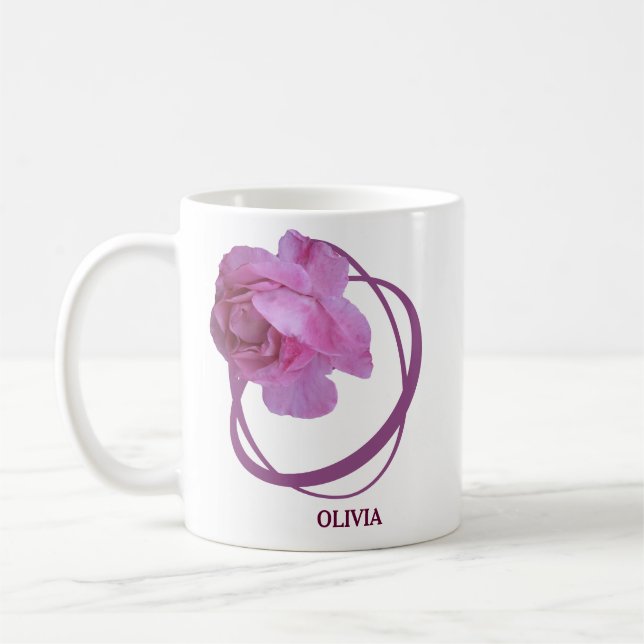 Customizable Olivia name pretty pink rose floral Coffee Mug (Left)