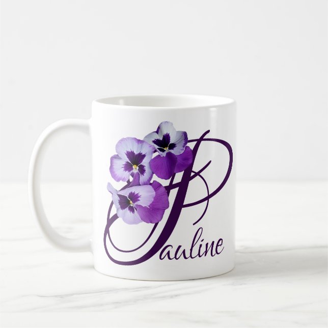 Customizable Pauline name purple pansy floral   Coffee Mug (Left)