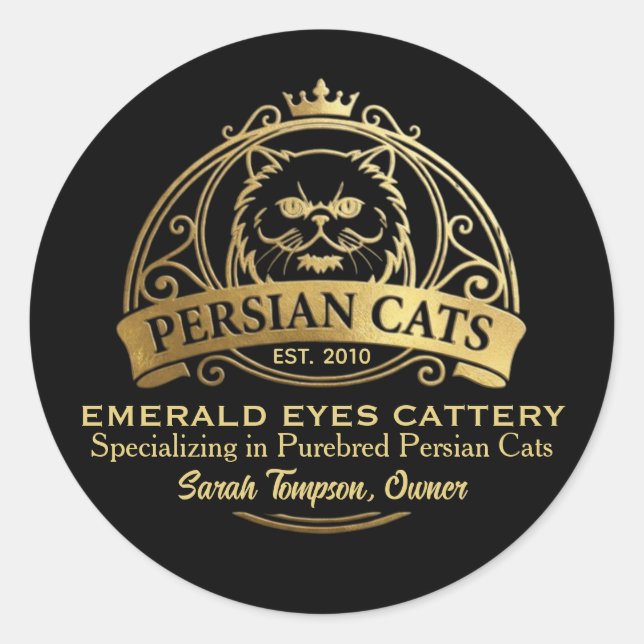 Customizable Persian Cattery Elegant Gold Design Classic Round Sticker (Front)