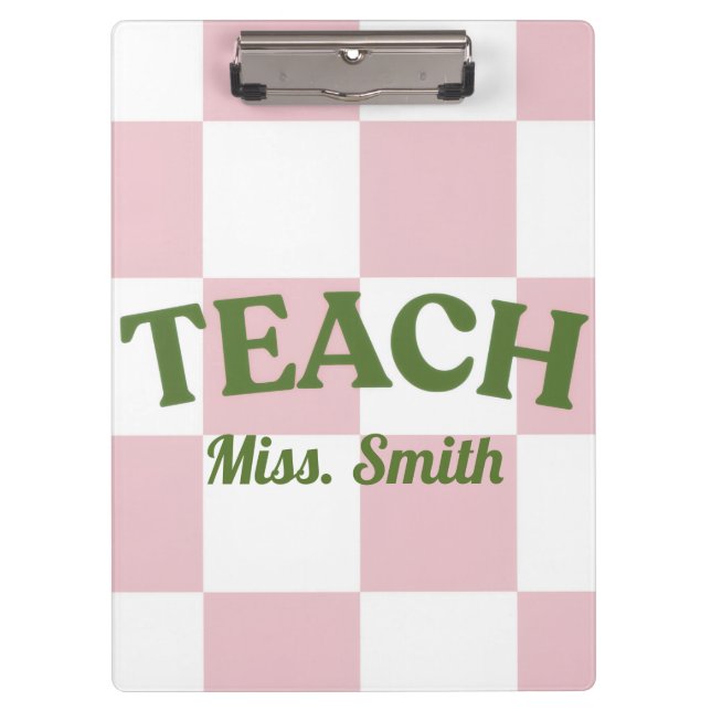 Customizable Pink Checkered Teacher Clipboard  (Front)