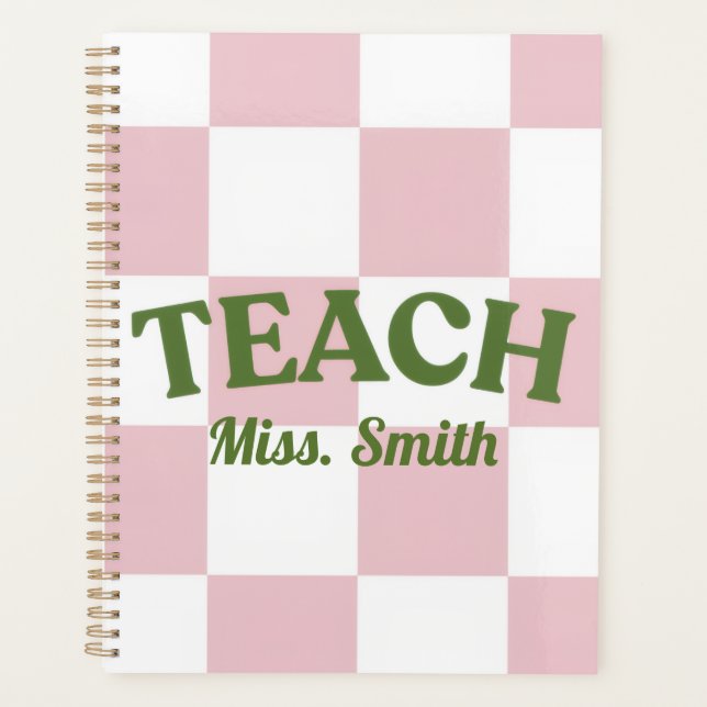 Customizable Pink Checkered Teacher Planner (Front)