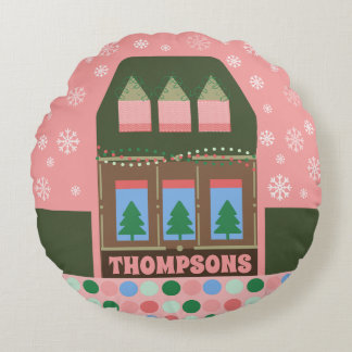 Customizable Pink Holiday Village Round Cushion