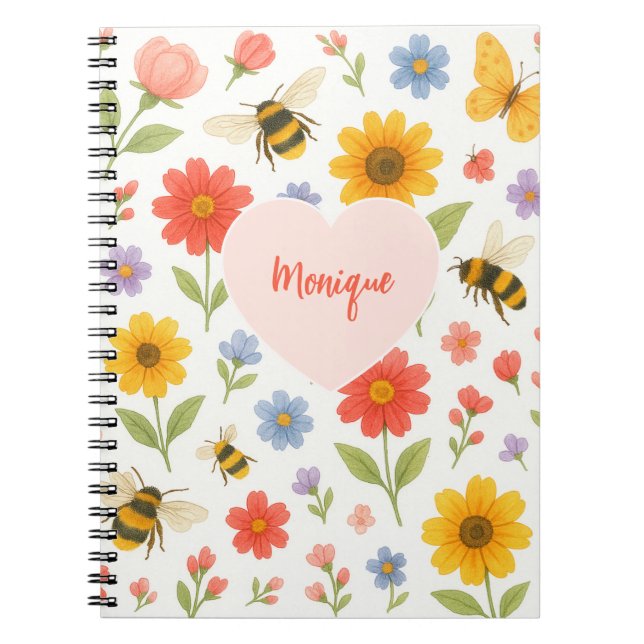 Customizable Pink Orange Floral and Bee Pattern  Notebook (Front)