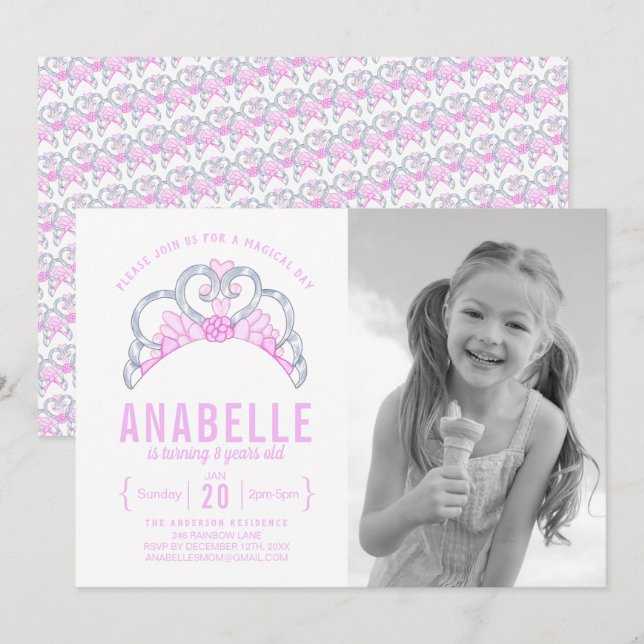 Customizable Pink Tiara Photo Birthday Invitation (Front/Back)