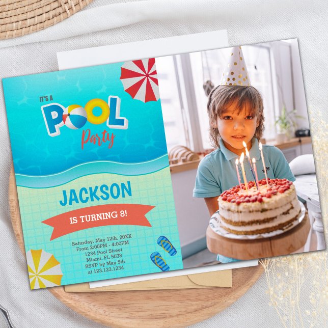 Customizable Pool Party Invitations for Kids (Blue Green Pool Birthday Invitations with photo)