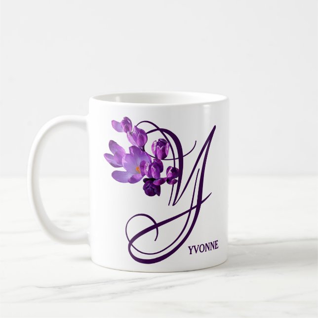 Customizable purple flowers name Yvonne vintage  Coffee Mug (Left)