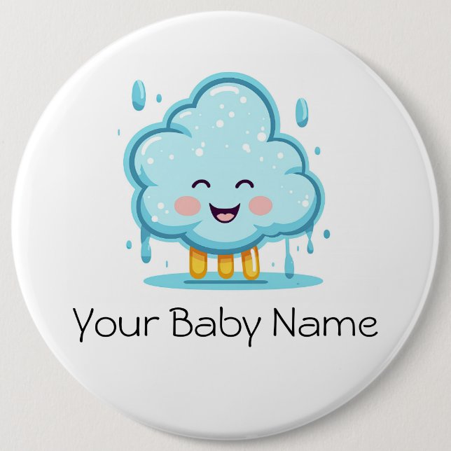 customizable raining cloud with baby's name, 6 cm round badge (Front)