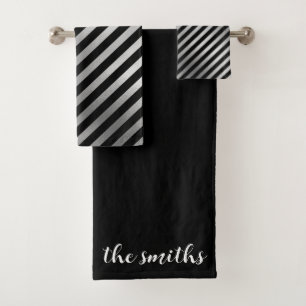 Customizable Silver and Black Stripes Towel Set