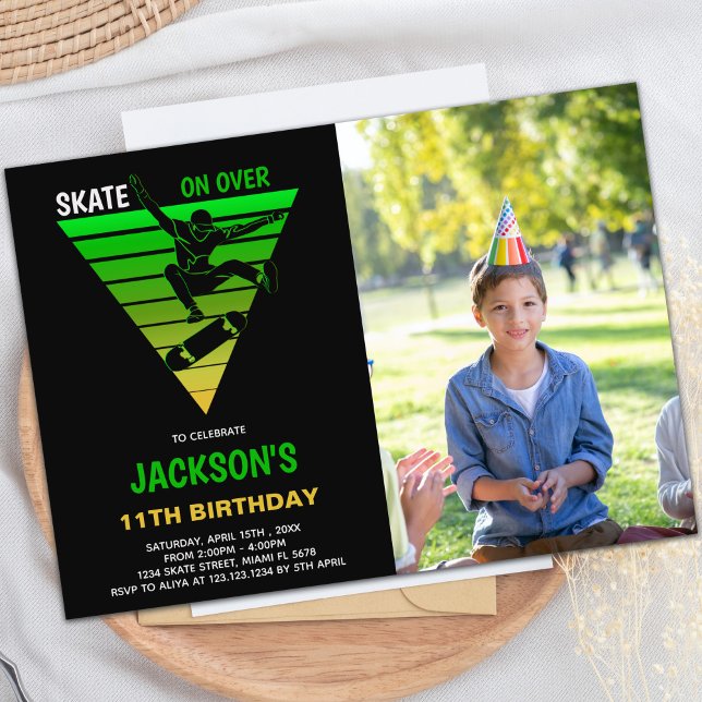 Customizable Skating Party Invitations for Kids (Yellow Green Skateboards Birthday Invitations phot)