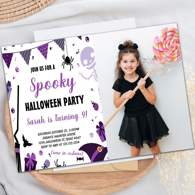 Customizable Spooky Party Invitations for Kids (Purple Halloween Birthday Invitations with photo)