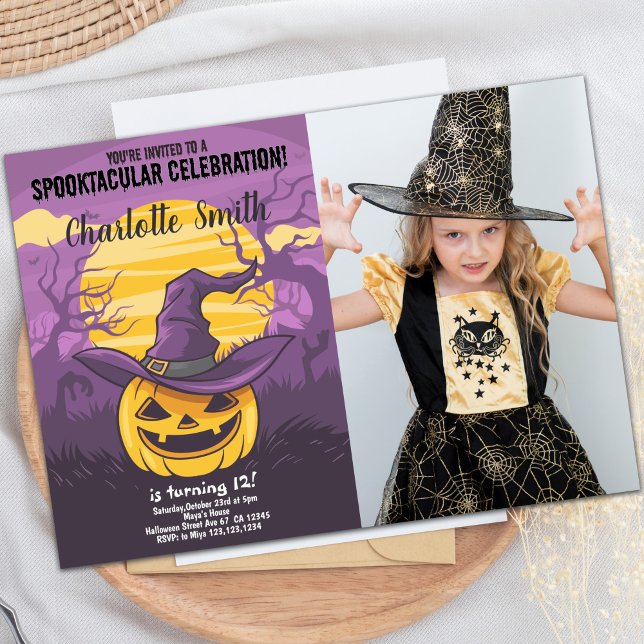 Customizable Spooky Party Invitations for Kids (Pumpkin Halloween Birthday Invitations w photo)