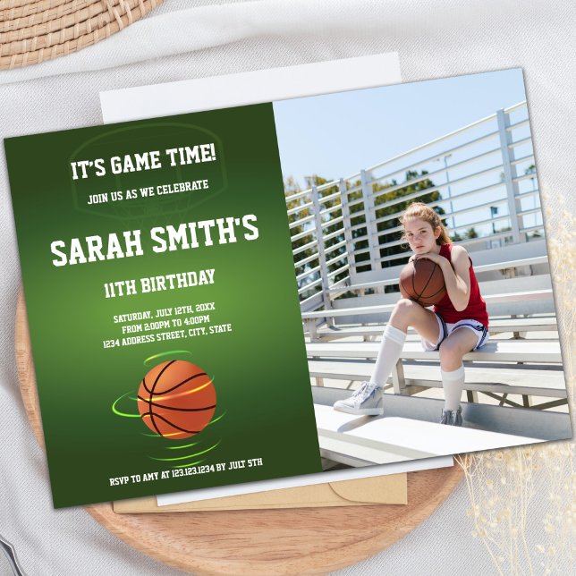 Customizable Sports Party Invitations for Kids (Green Basketball Birthday Invitations with photo)