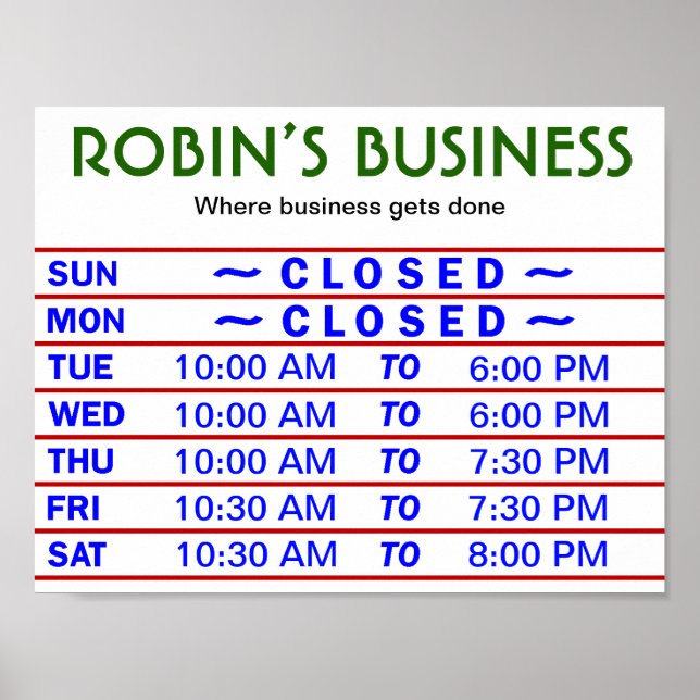 Customizable Store Hours Sign w/ YOUR Store Name! (Front)