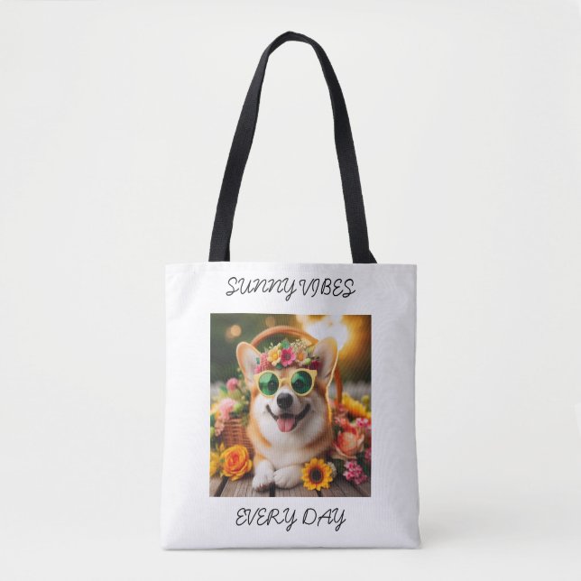 Customizable Sunny Vibes Every Day Corgi Tote Bag (Front)