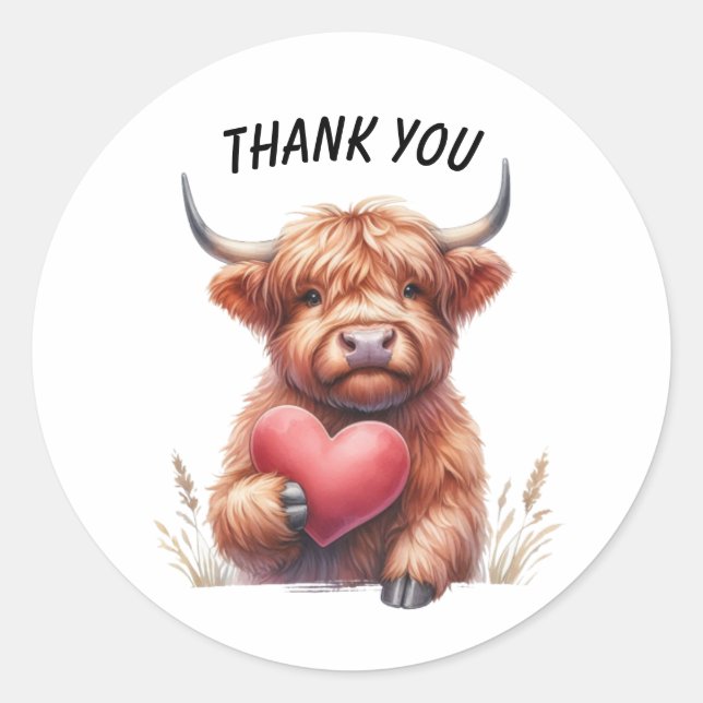 Customizable thank you text, highland calf  classic round sticker (Front)