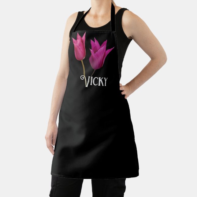 Customizable Vicky name monogram pink tulip flower Apron (Insitu)