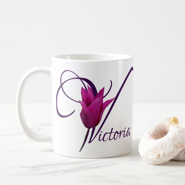 Customizable Victoria name purple tulip floral  Coffee Mug (With Donut)