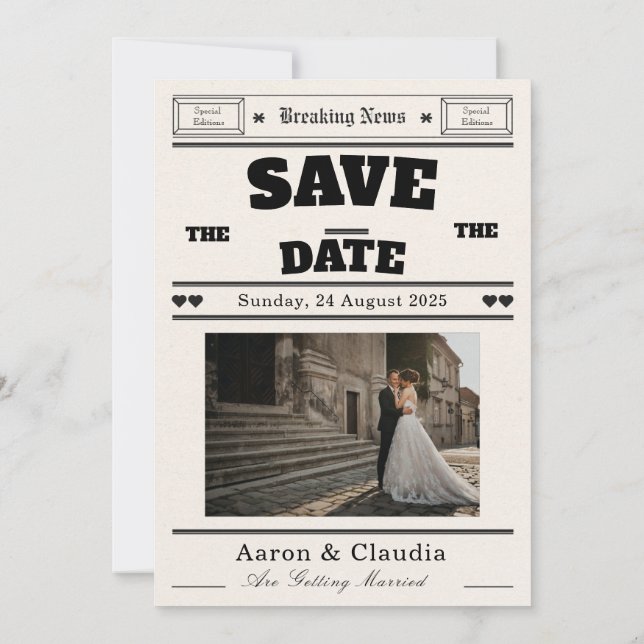 Customizable Vintage Newspaper Save the Date  Invitation (Back)