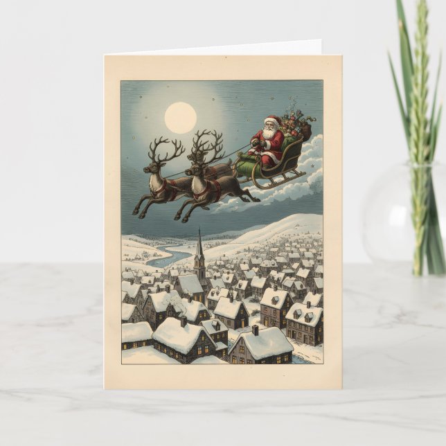 Customizable Vintage Santa Sleigh Classic Xmas Card (Front)