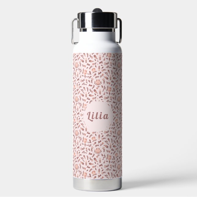 Customizable Water Bottle, Pink Floral Design Bottle (Front)