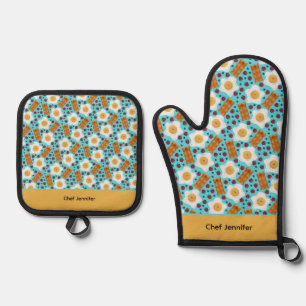 Customizable Whimsical Egg and Bacon Oven Mitt & Pot Holder Set