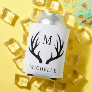 Customizable White And Black Deer Antler Monogram Can Cooler