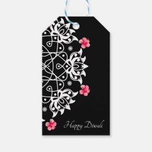 Customizable White Rangoli with hibiscus  Gift Tag