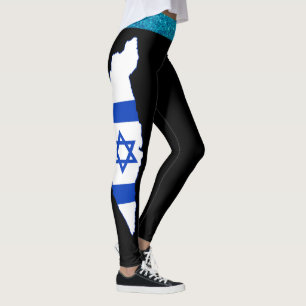 Customizable Womens Blue Glitter Israel Flag Map  Leggings