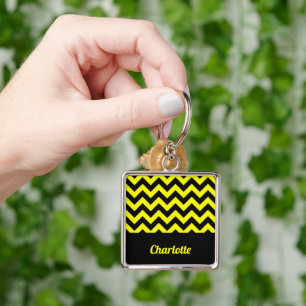 Customizable yellow and black chevron pattern key ring