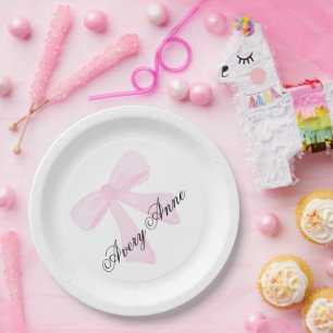 Customize baby shower pink bow paper plate