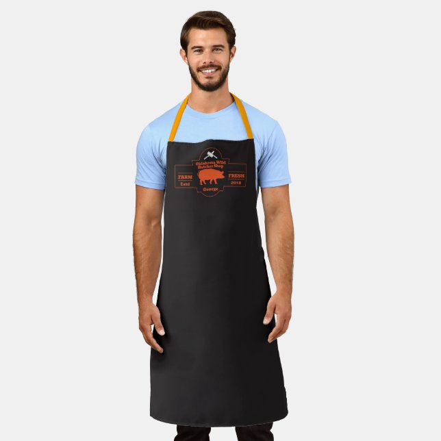 Customize Butcher Shop Hog Pig Orange Black Graphi Apron (Worn)