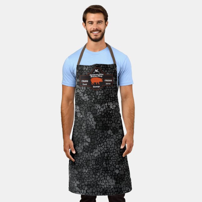 Customize Butcher Shop Orange Hog Pig Black Camo  Apron (Worn)