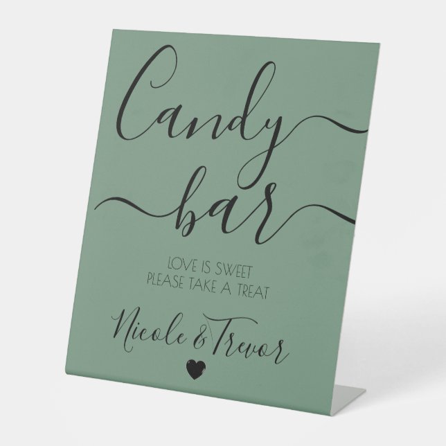 CUSTOMIZE - Calligraphy Green Wedding Candy Bar Pedestal Sign (Front)