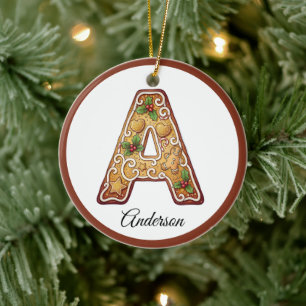 Customize Christmas Gingerbread Letter A Monogram Ceramic Tree Decoration