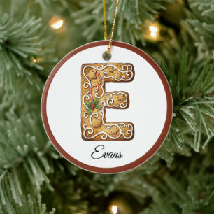 Customize Christmas Gingerbread Letter E Monogram Ceramic Tree Decoration