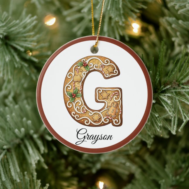 Customize Christmas Gingerbread Letter G Monogram Ceramic Tree Decoration (Tree)