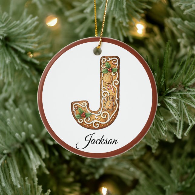 Customize Christmas Gingerbread Letter J Monogram Ceramic Tree Decoration (Tree)