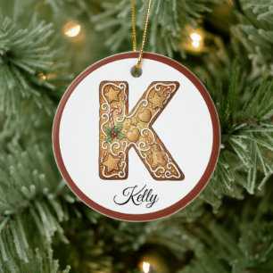 Customize Christmas Gingerbread Letter K Monogram Ceramic Tree Decoration