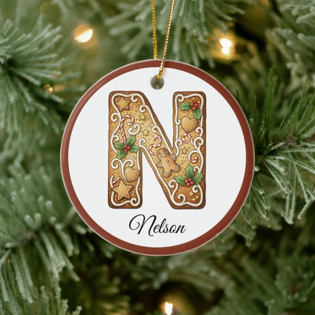 Customize Christmas Gingerbread Letter N Monogram Ceramic Tree Decoration (Tree)