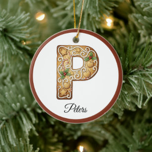 Customize Christmas Gingerbread Letter P Monogram Ceramic Tree Decoration